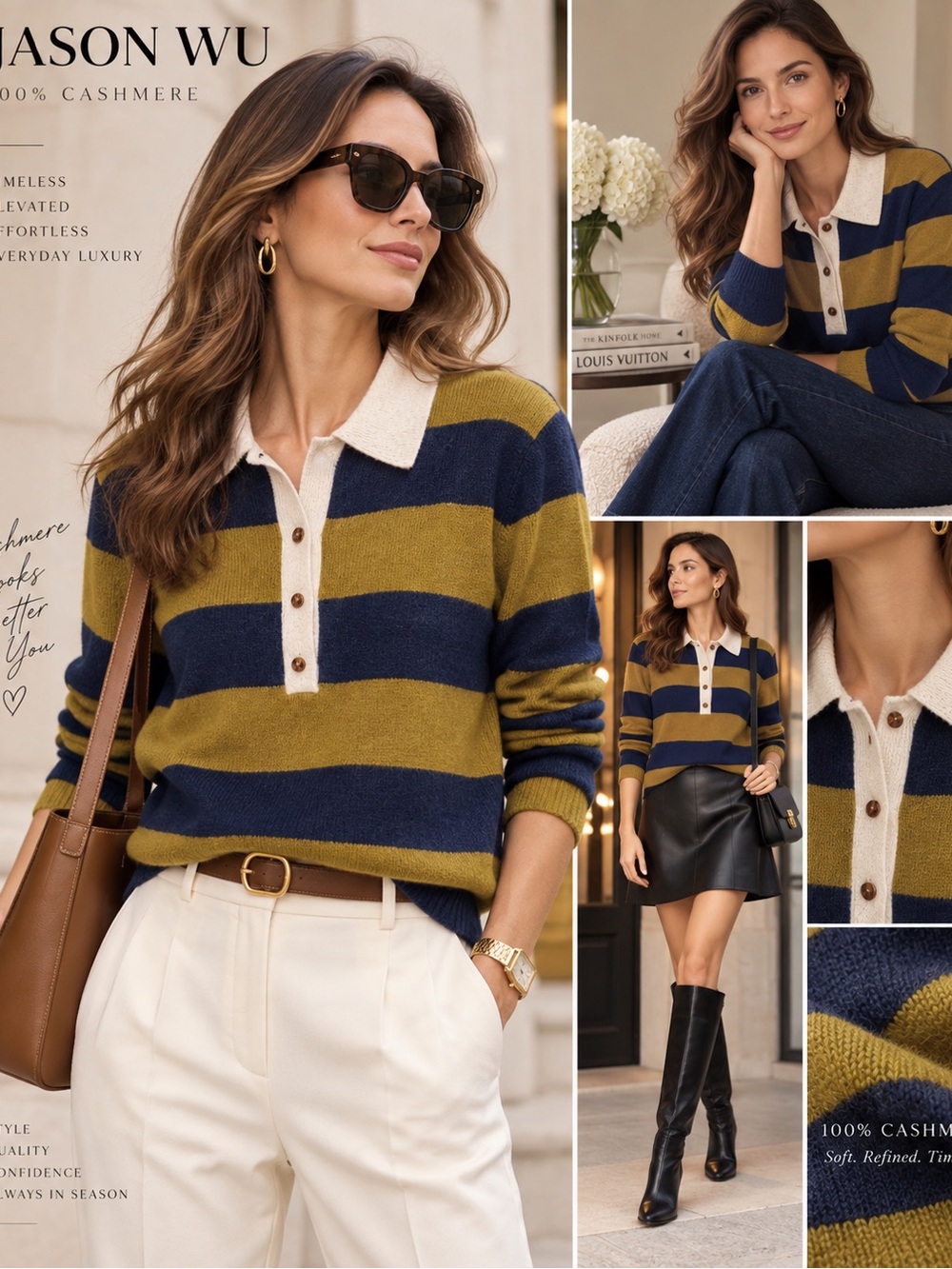 Jason Wu 100% Cashmere Striped Polo Sweater Size S